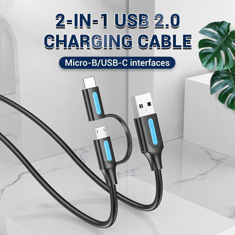 Vention USB 2.0 A Male to 2-in-1 Micro-B&USB-C Male 3A Cable-CQEHD
