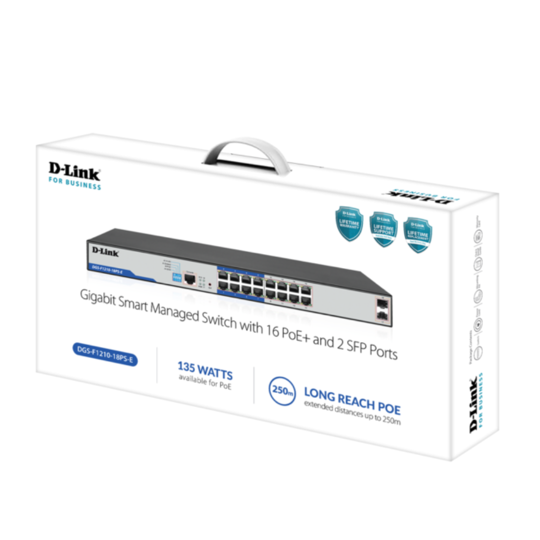 D-Link 16-Port Gigabit PoE+ Smart Switch 2 SFP Ports- DGS-F1210-18PS-E