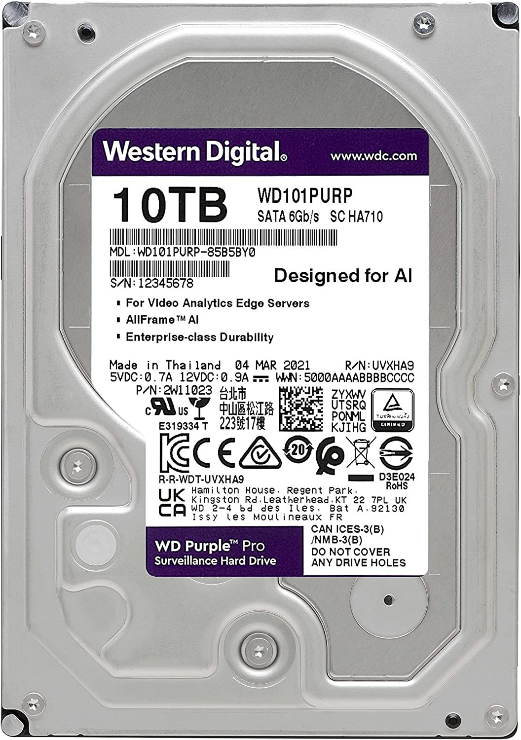 WD Purple Pro Surveillance HDD 10TB, 256MB- WD101PURP